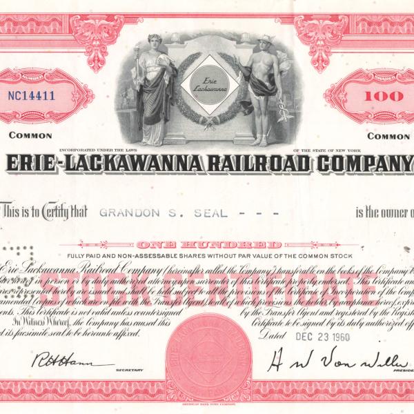 Erie Lackawanna stock certificate NC14411, December 23, 1960