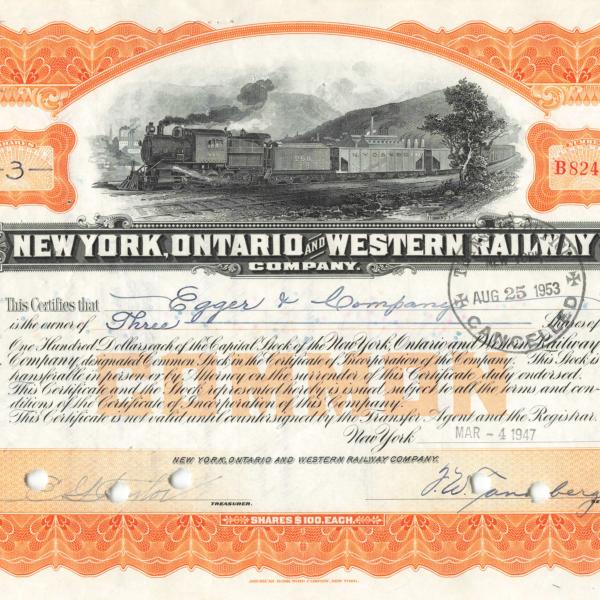 New York, Ontario & Western Railway stock certificate B82487, March 4, 1947