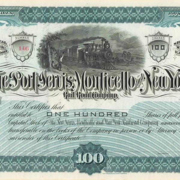 Port Jervis, Monticello & New York Railroad stock certificate 146, unissued