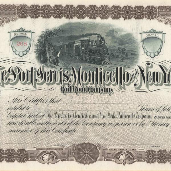 Port Jervis, Monticello & New York Railroad stock certificate 268, unissued