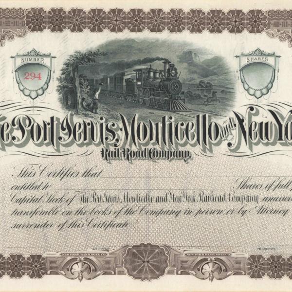 Port Jervis, Monticello & New York Railroad stock certificate 294, unissued