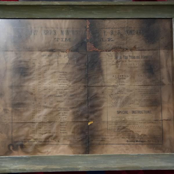 Framed Port Jervis, Monticello & New York Railroad Company timetable