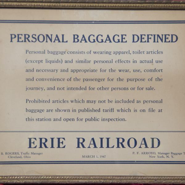 Framed Erie Railroad Personal Baggage Defined sign