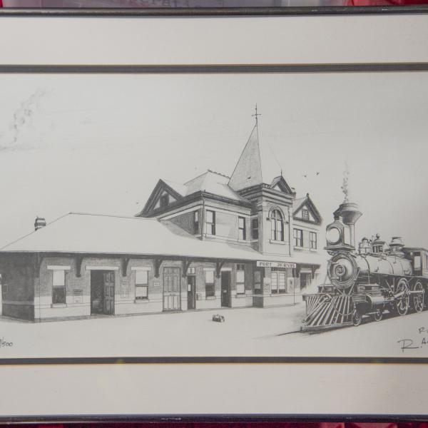 Framed pencil drawing of Port Jervis station and Erie steam locomotive