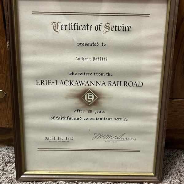 Framed Certificate of Service for Anthony Petitti
