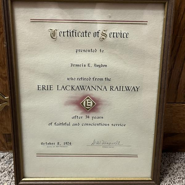 Framed Certificate of Service for Francis E. Boyden