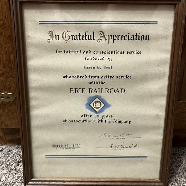 Framed Certificate of Service for Emery B. West