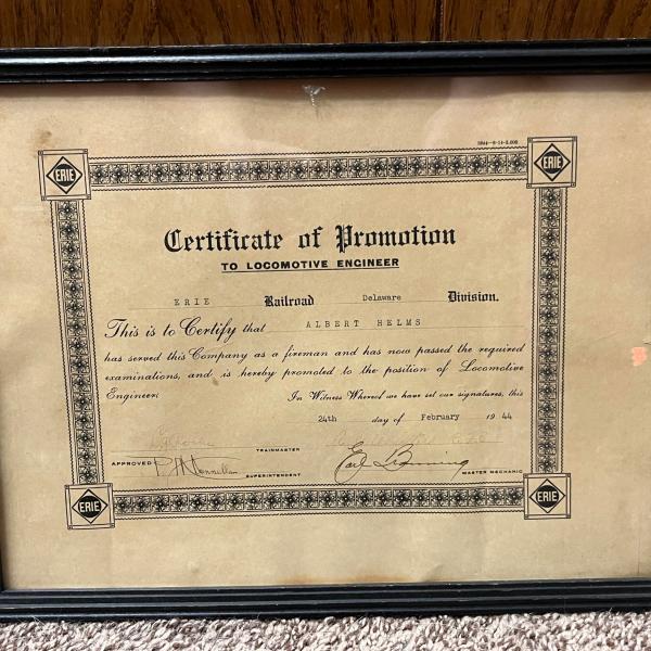 Framed Certificate of Promotion to Locomotive Engineer for Albert Helms
