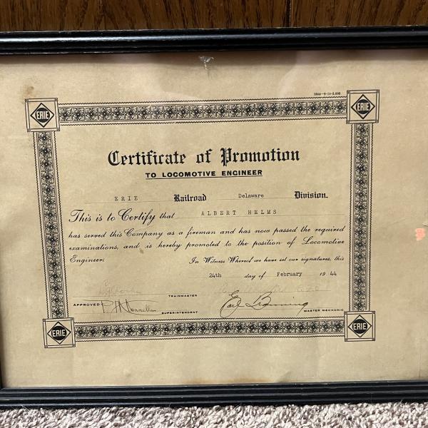 Framed Certificate of Promotion to Locomotive Engineer for Albert Helms