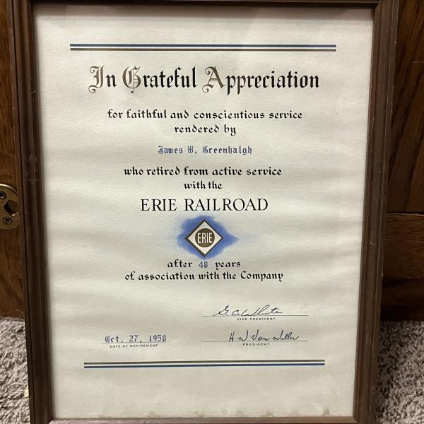 Framed Certificate of Service for James W. Greenhalgh