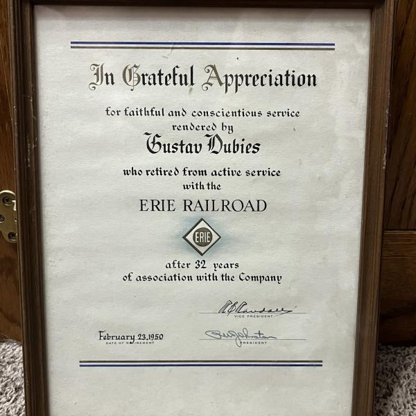 Framed Certificate of Service for Gustav Dubies