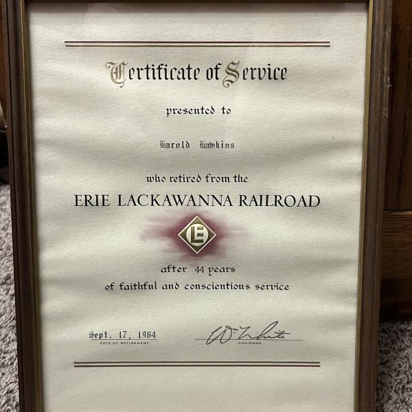Framed Certificate of Service for Harold Hawkins