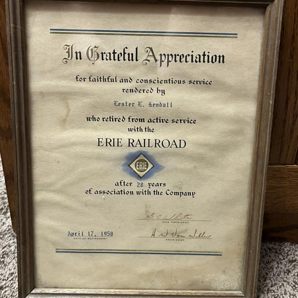 Framed Certificate of Service for Lester L. Kendall