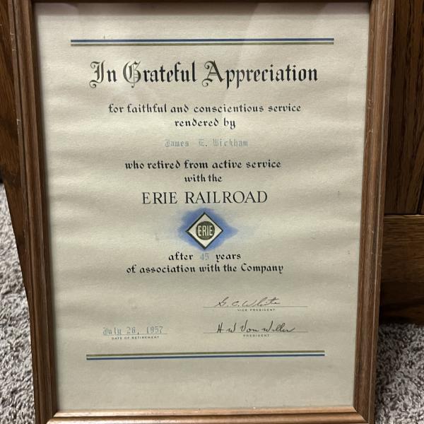 Framed Certificate of Service for James E. Wickham