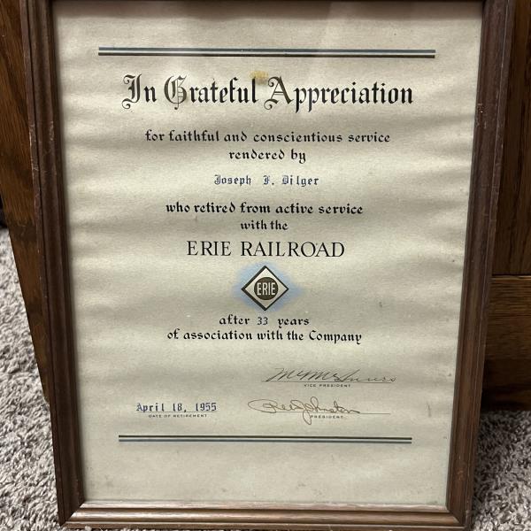 Framed Certificate of Service for Joseph F. Dilger