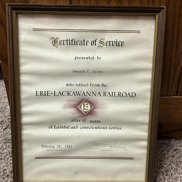Framed Certificate of Service for Harold E. Allen