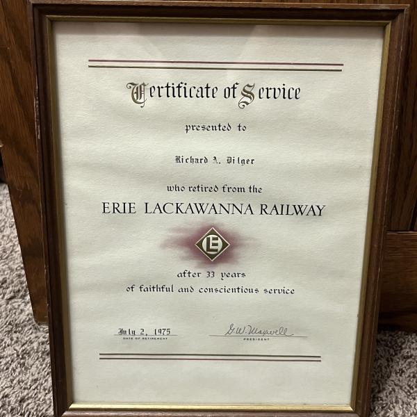 Framed Certificate of Service for Richard A. Dilger