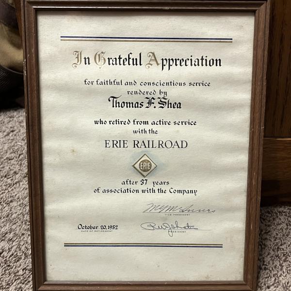 Framed Certificate of Service for Thomas F. Shea