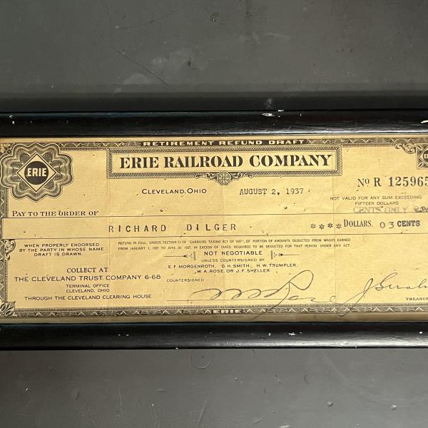 Framed Erie Railroad Retirement Refund Draft Check