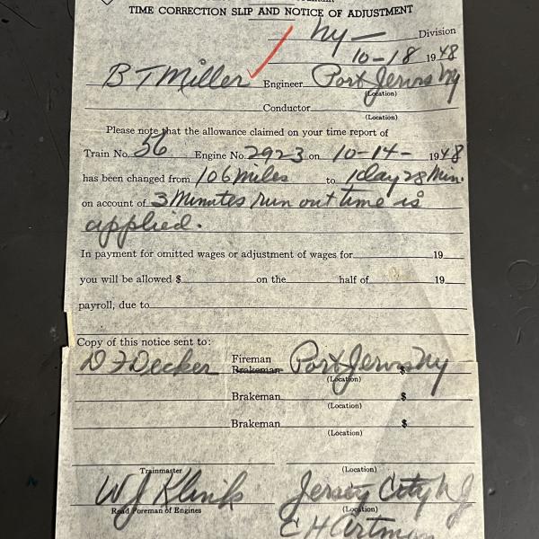 Erie Railroad Time Correction Slip and Notice of Adjustment for B.T. Miller, Engineer, October 18, 1948