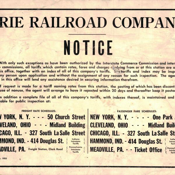Erie Railroad Notice on freight tariffs, February 1955