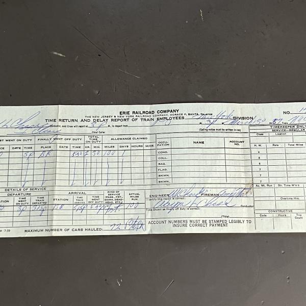 Erie Railroad Time Return and Delay Report of Train Employees, Train NY98 at PO (Port Jervis, NY), March 30, 1957