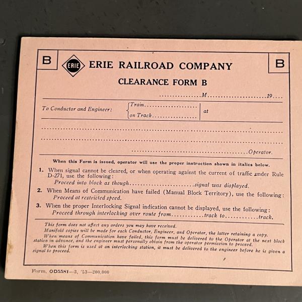 Erie Railroad Company Clearance Form B
