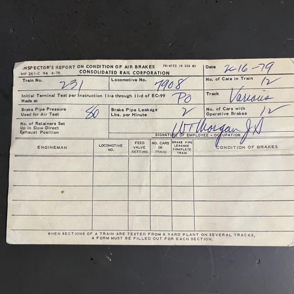 Conrail Inspector's Report on Condition of Air Braks, Train 231, Locomotive 7908 at Port Jervis, February 16, 1979
