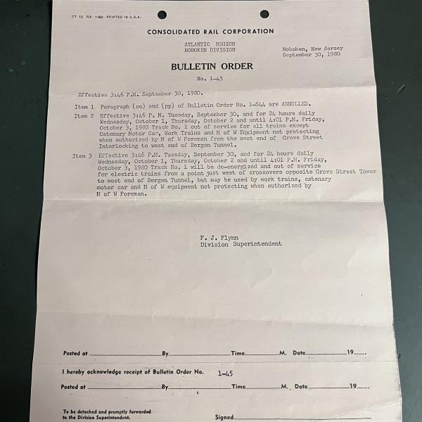 Conrail Bulletin Order, Atlantic Division, Hoboken Division, No. 1-45, September 30, 1980