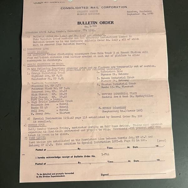 Conrail Bulletin Order, Atlantic Division, Hoboken Division, No. 1-S44, September 29, 1980