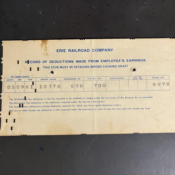 Erie Railroad Record of Deductions Made from Employee's Earnings (actually Erie Lackawanna based on date)