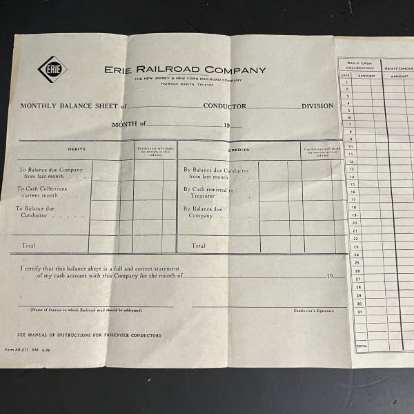Erie Railroad monthly balance sheet for conductors, June 1956