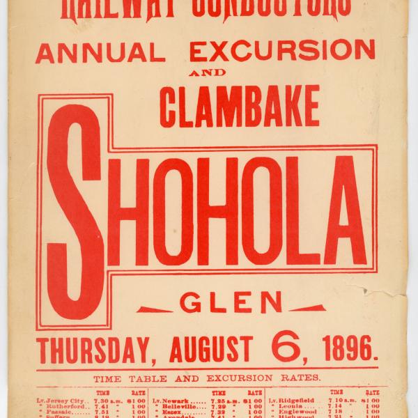 Advertisement for Erie Order of Railway Conductors Annual Excursion and Clambake, Shohola, August 6, 1896