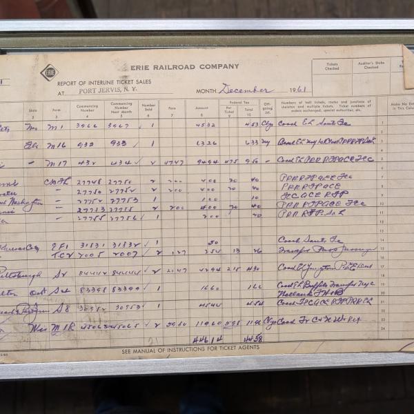 Erie Railroad (actually Erie Lackawanna) Report of Interline Ticket Sales at Port Jervis, NY, December 1961