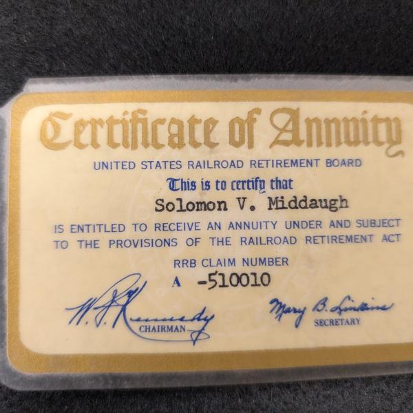 Certificate of Annuity, United States Railroad Retirement Board, for Solomon V. Middaugh