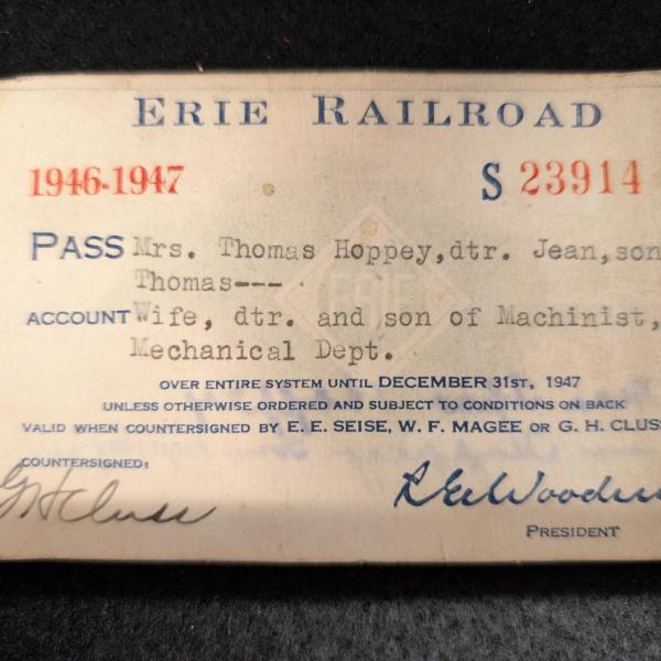 Erie Railroad pass, 1946-1947, Mrs. Thomas Hoppey, daughter Jean, son Thomas