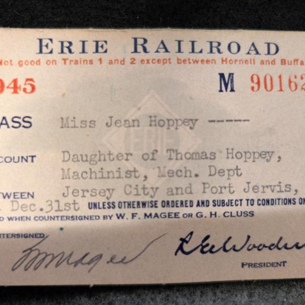 Erie Railroad pass, 1945, Ms. Jean Hoppey