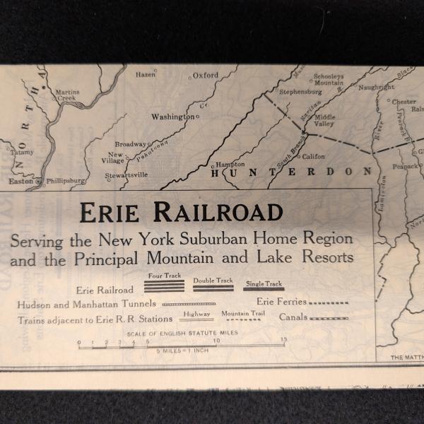 Erie Railroad travel map, Serving the New York Suburban Home Region and the Principal Mountain and Lake Resorts