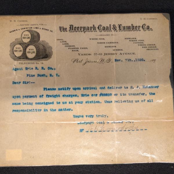 Deerpark Coal & Lumber Company letter to Erie Railroad Company about freight delivered to Pine Bush freight house, November 7, 1898
