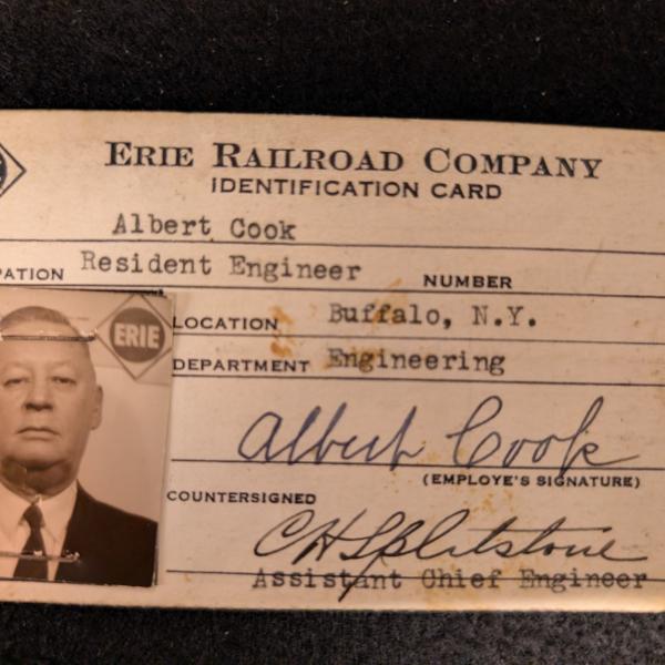 Erie Railroad employee identification card, Albert Cook, Resident Engineer, Buffalo, NY