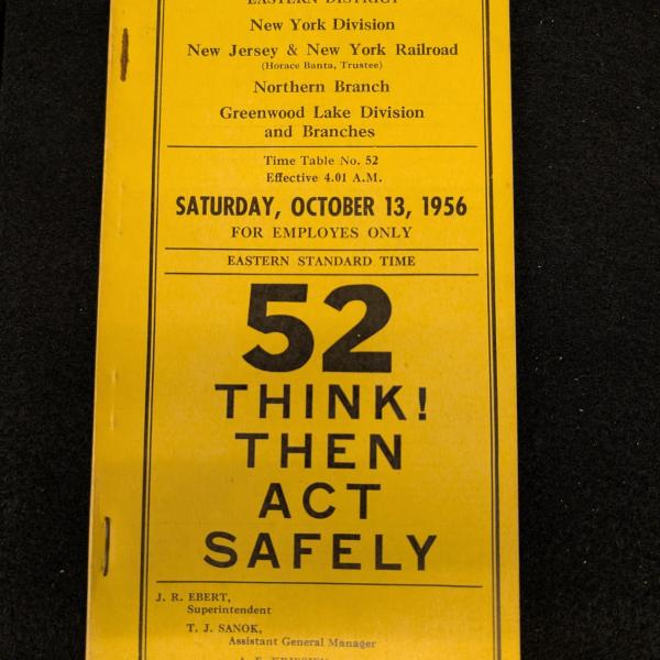 Erie Railroad Eastern District New York Division, New Jersey & New York Railroad, Northern Branch, Greenwood Lake Division and Branches employee timetable No. 52, October 13, 1956