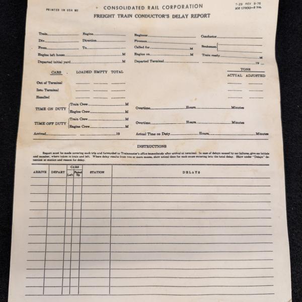 Conrail Freight Train Conductor's Delay Report, September 1976