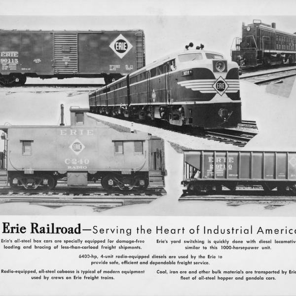 Erie Railroad promotional poster with Alco FA, caboose, boxcar, etc.