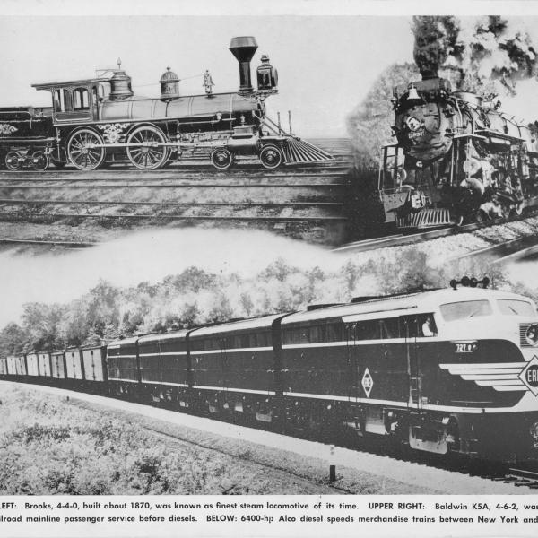Erie Railroad promotional poster with Alco FA and two steam locomotives