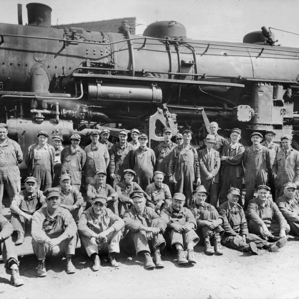 Photograph of Erie Railroad 2-8-4 Berkshire 3351 at Port Jervis Roundhouse with mechanical staff, late 1930s