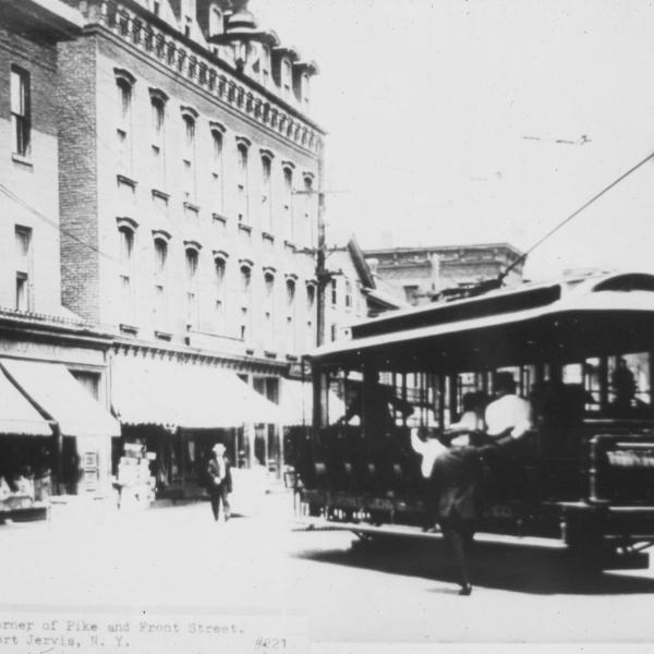 Photograph of Port Jervis trolley car 221 at corner of Front Street and Pike Street, Port Jervis, NY