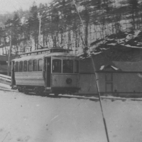 Photograph of Port Jervis trolley car at ice house near Sparrowbush, NY