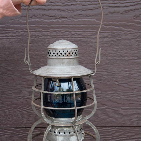 Railroad Signal Lamp & Lantern Co. lantern, marked Erie R.R. Co. with blue E.R.R. Co. globe