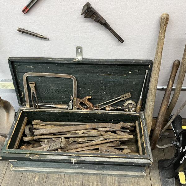 Wooden toolbox full of tools, believed to be from Port Jervis roundhouse