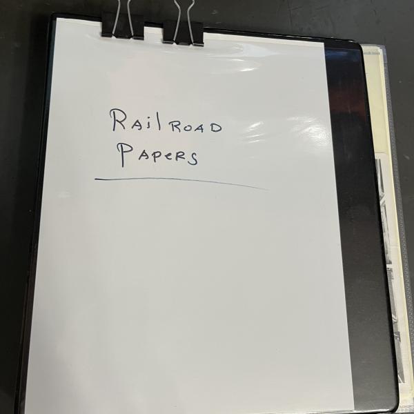 Binder marked Railroad Papers containing various pieces of Erie paperwork